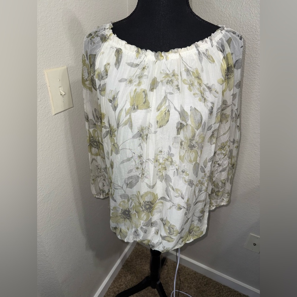 Rosemarine 100% Silk Floral Balloon Hem Blouse Made in‎ Italy- Size Medium